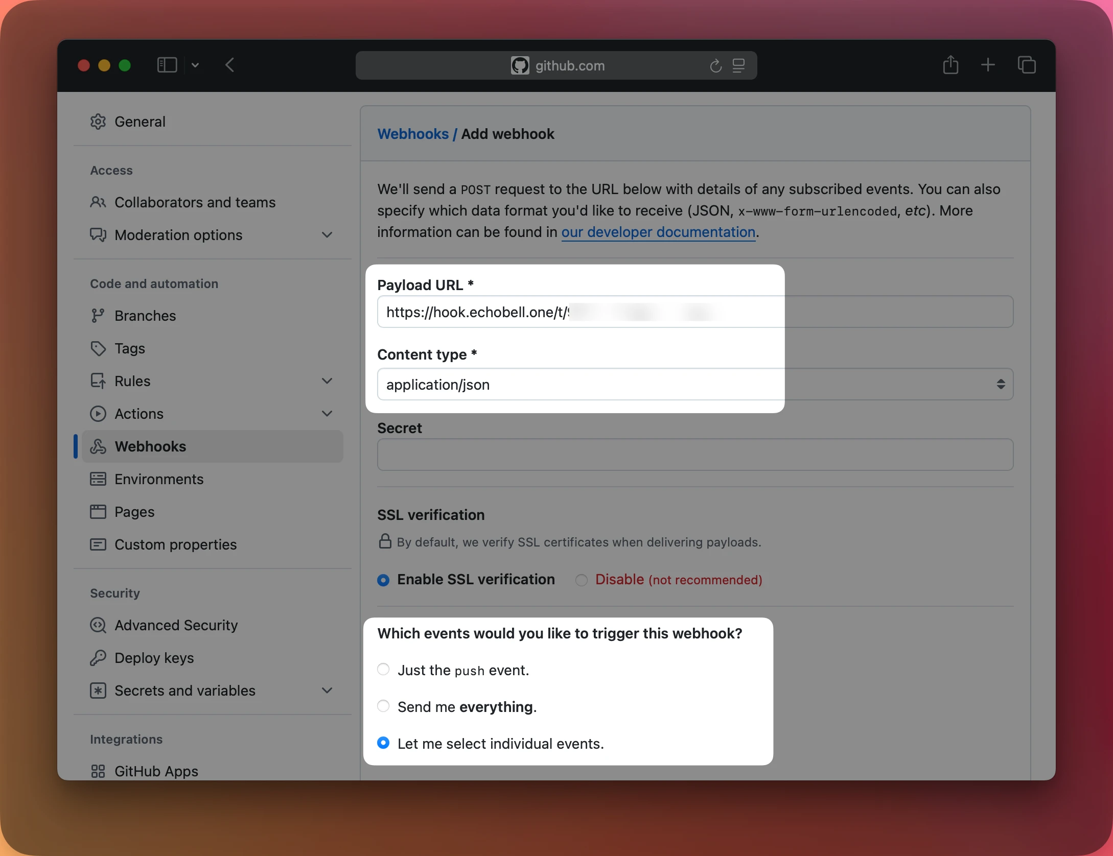 GitHub Webhook Addition Interface